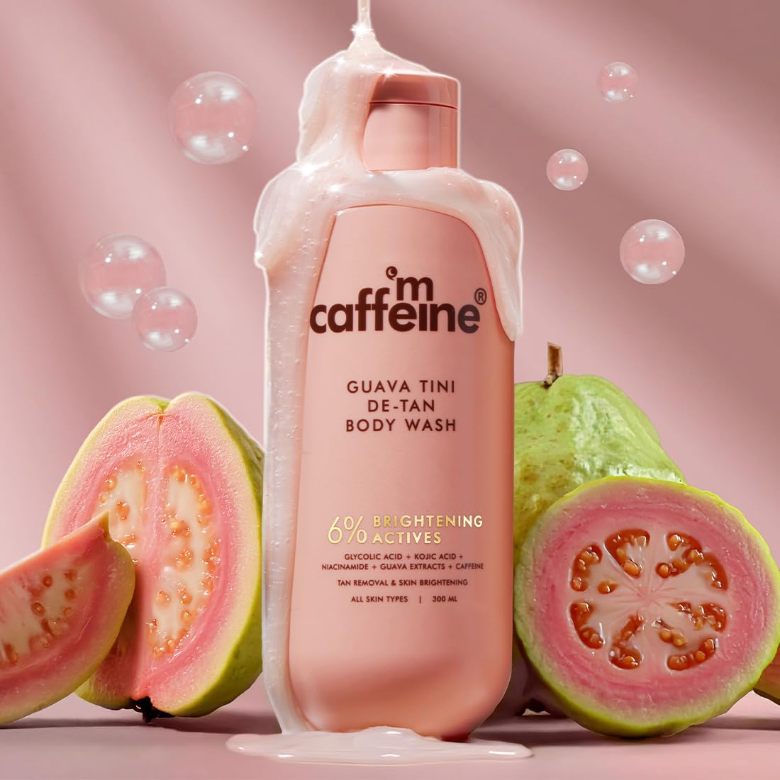 mCaffeine 1% Glycolic Acid Detan Body Wash 300ml | 2% Niacinamide, 3% Kojic Acid-Glutathione | Bodywash for Women & Men| Brightens, Hydrates, Reduces Dark Spots & Evens Tone | Guava Shower Gel for Dry Skin