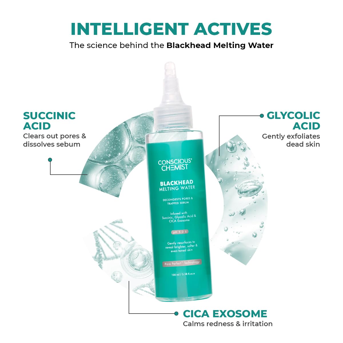 Conscious ChemistÂ® Blackhead Melting Water 130ml + Silicone Brush | Gentle Pore Treatment with Succinic, Glycolic Acid & CICA Exosome | Unclogs Pores, Removes Blackheads & Smoothens Skin | For Men & Women
