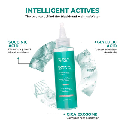 Conscious ChemistÂ® Blackhead Melting Water 130ml + Silicone Brush | Gentle Pore Treatment with Succinic, Glycolic Acid & CICA Exosome | Unclogs Pores, Removes Blackheads & Smoothens Skin | For Men & Women