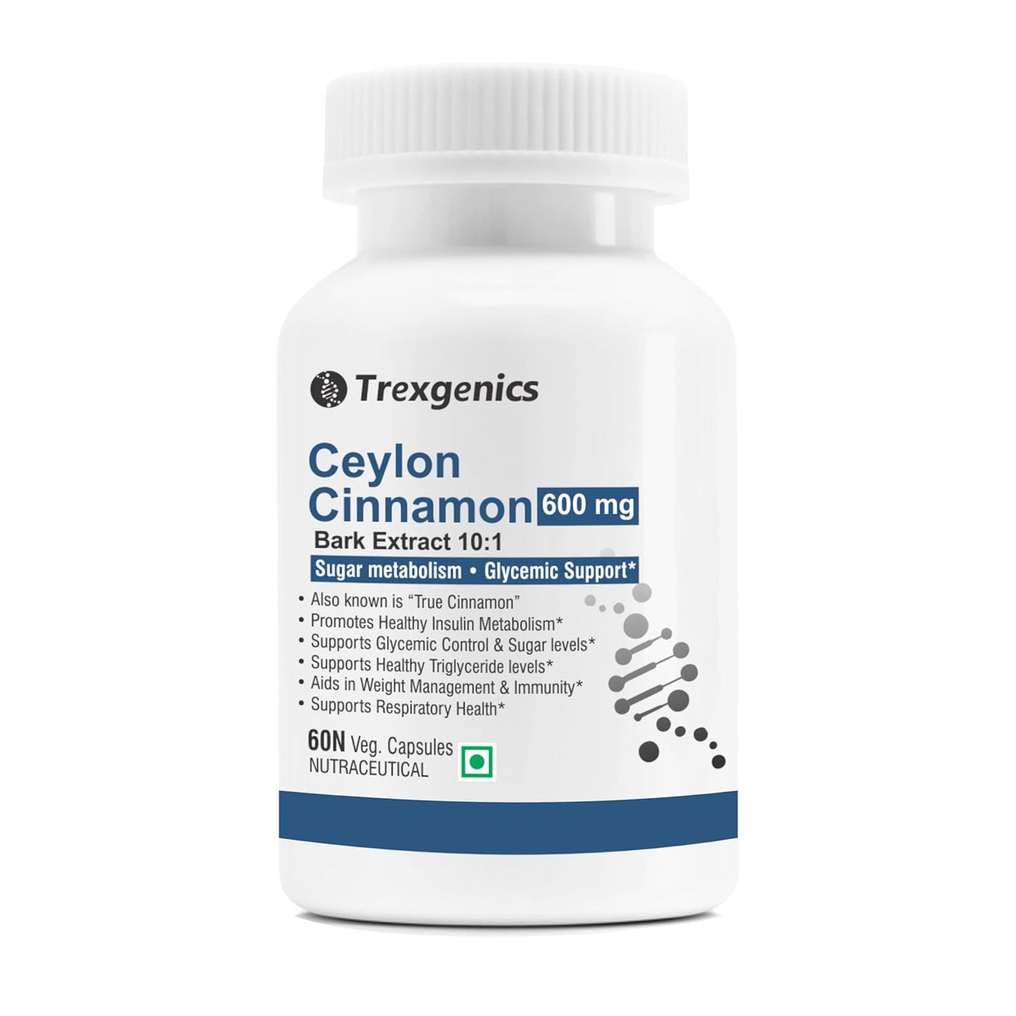 Trexgenics CEYLON TRUE CINNAMON 600 mg Diabetic Care, Sugar Level Support VEGAN & NON-GMO (60 Veg. Capsules) (Pack of 1)