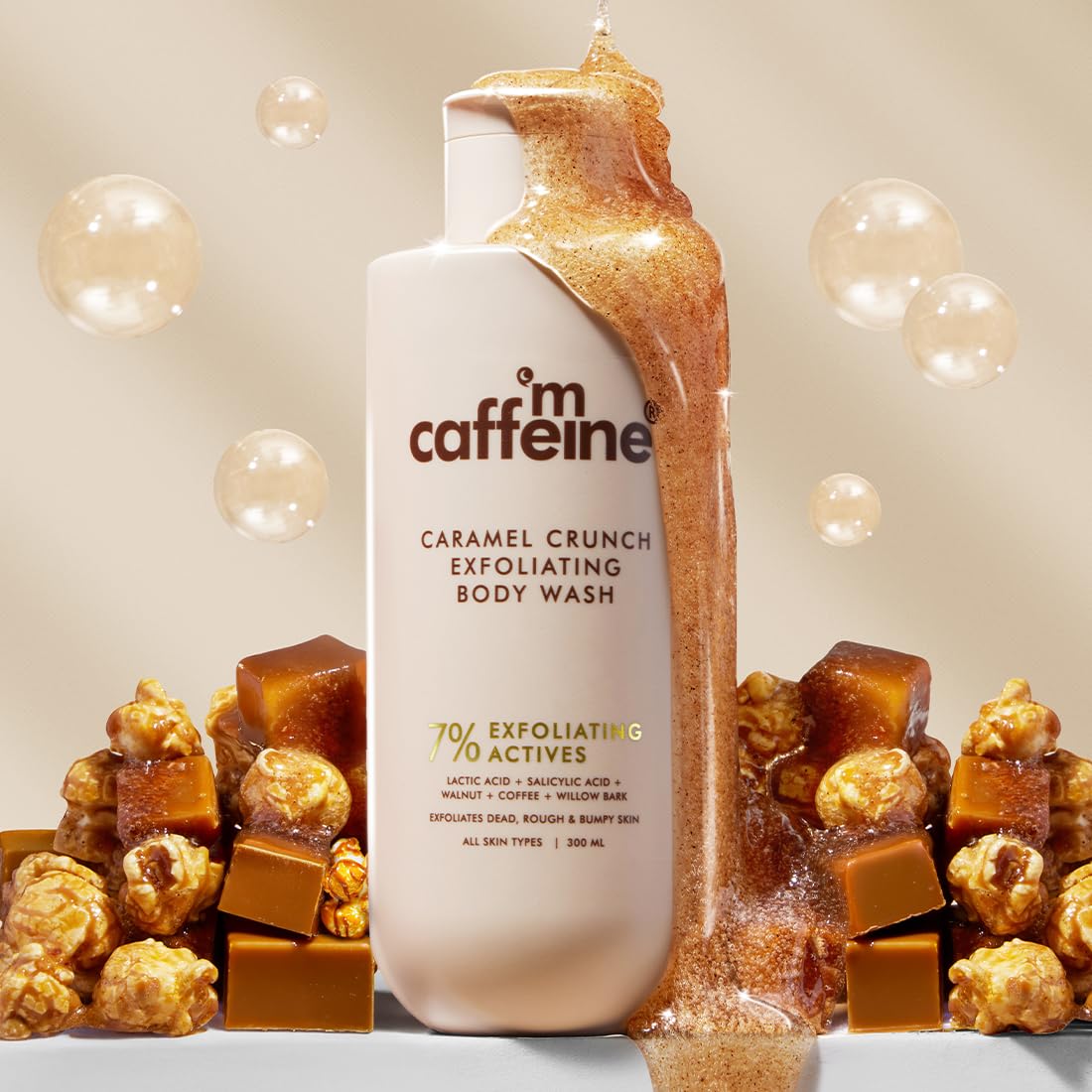 mCaffeine 7% Exfoliating Body Wash 300ml | 1% Salicylic & 2% Lactic Acid | Summer Bodywash for Dry Skin| Reduces Body Acne & Ingrown Hair | Smooth, Hydrated Skin | Sweet Caramel Shower Gel for Women & Men
