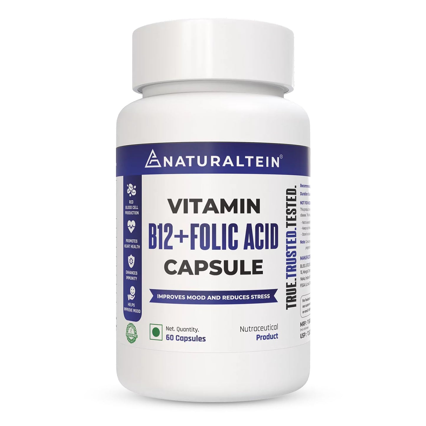 NATURALTEIN Vitamin B12 + Folate Capsules (60 Capsules) | High Strength Methylcobalamin & L-Methyl Folate | Supports Energy, Brain & Heart Health | Lab-Tested | With Rice Starch & Vegetarian HPMC Capsule Shell