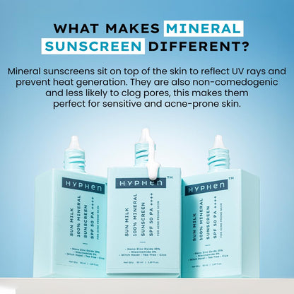 Hyphen Sun Milk Mineral Sunscreen SPF 50 PA++++ with 25% Nano Zinc Oxide | UV & Blue Light Protection | Water Resistant Korean Sunscreen for Sensitive, Oily & Acne Prone Skin | 50ml