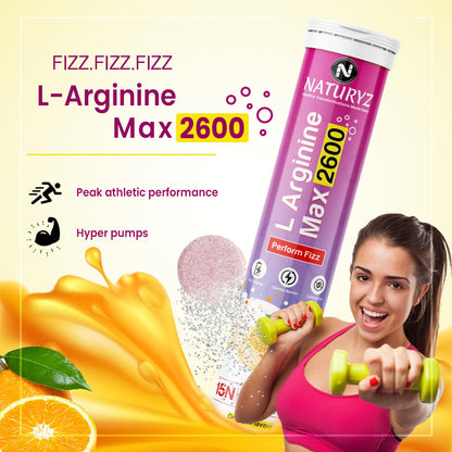 Naturyz L-Arginine Max 2600 Effervescent Tablets|Boosts Stamina|Increases Blood Flow|Improves Performance|Pre-workout Supplement (Orange Flavour), 1 count, 15 capsules