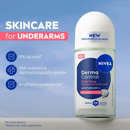 NIVEA Derma Control Even Tone Underarm Deo Roll-On for Women | Smoother & Brighter Underarms | 72H Derma Active Protection | With Pure Hyaluronic Acid & Vitamin C | 0% Alcohol | 50 ml