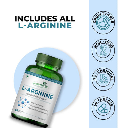 Simply Herbal L-Arginine Supplement 500 mg Pre- Post Workout For Men Women, Support Bone Muscle Building Amino Acid, Strength, Performance & Energy, Recovery, Immune System- 60 tablet