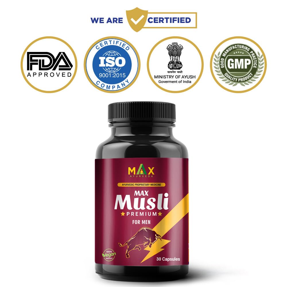Max Ayurveda Musli Premium Capsules For Men | Strength, Power, & Vitality Booster | 100% Vegan and GMP Certified - 30 Capsules, Pack of 1
