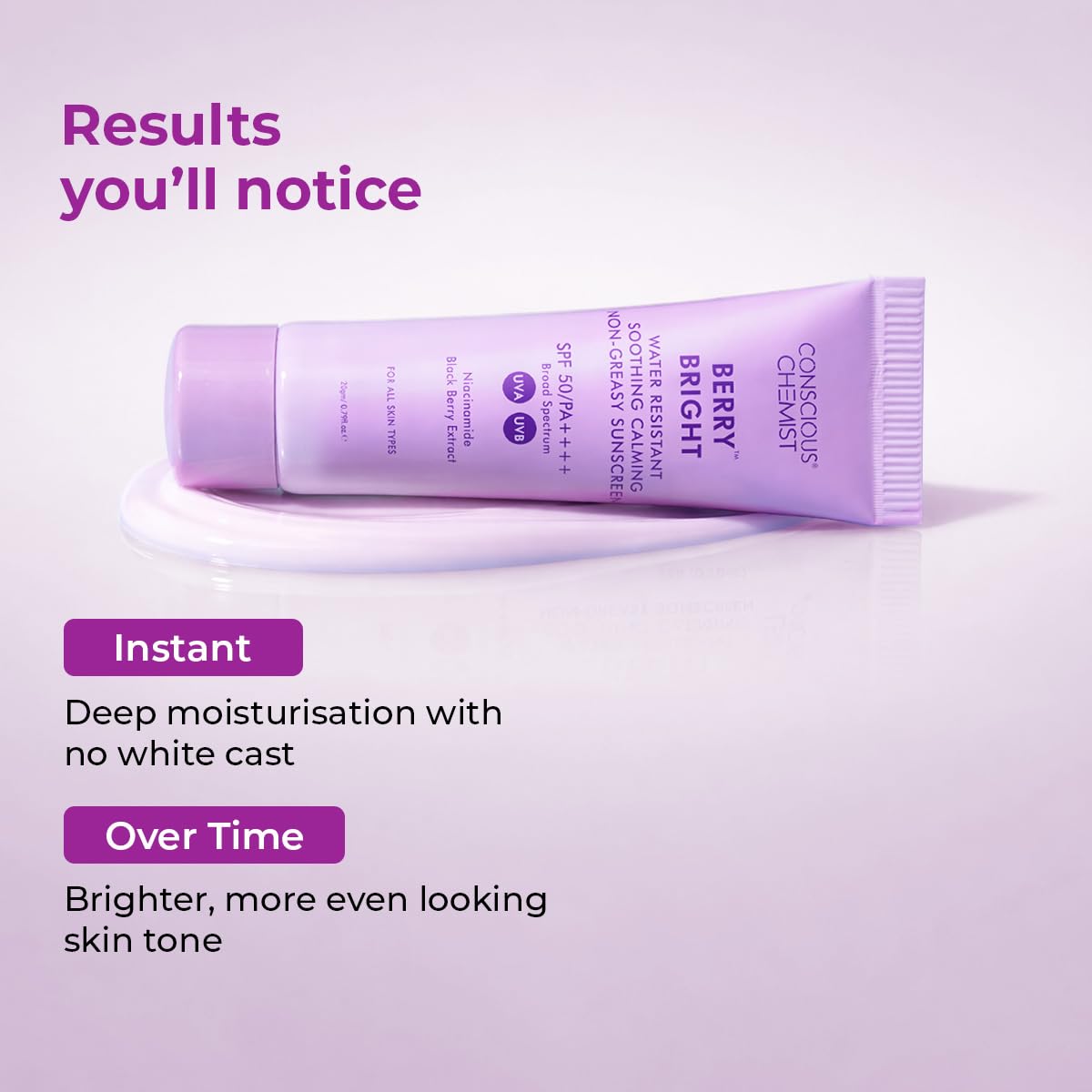 Conscious ChemistÂ® Sunscreen SPF 50 PA++++ In-Vivo Tested | 20g | For Oily Skin, Gel Sunscreen, Niacinamide Sunscreen with Black Berry Extract, Hybrid Lightweight, Water Resistant, All Skin Types - Berry Bright
