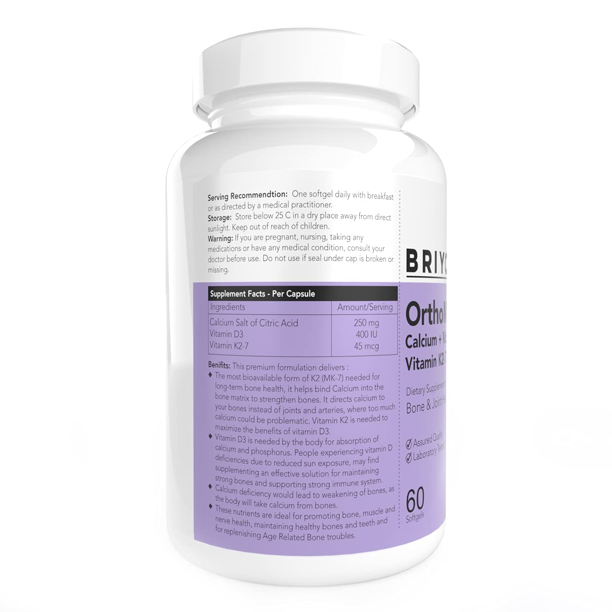 Briyosis Orthomax - Vitamin D3 & K2-M7 + Calcium Dietary Supplement for Bone Health, Stronger Bones, Teeth, Muscles & Immunity Calcium Supplement Absorption