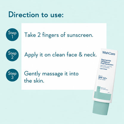 WishCare Niacinamide Oil Balance Fluid Sunscreen SPF 50 PA++++, 80ml | In-Vivo Tested, Lightweight & No White Cast, Photostable Sunscreen For Oily Skin with 8Hrs+ SPF Protection, For Women & Men