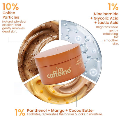 mCaffeine Caramel Eclairs Coffee Body Scrub for Removing Tan & Dead Skin| 10% Coffee Grounds, AHA- Glycolic & Lactic Acid | Smooth, Soft & Bright Skin| Sweet Caramel Fragrance - 175g