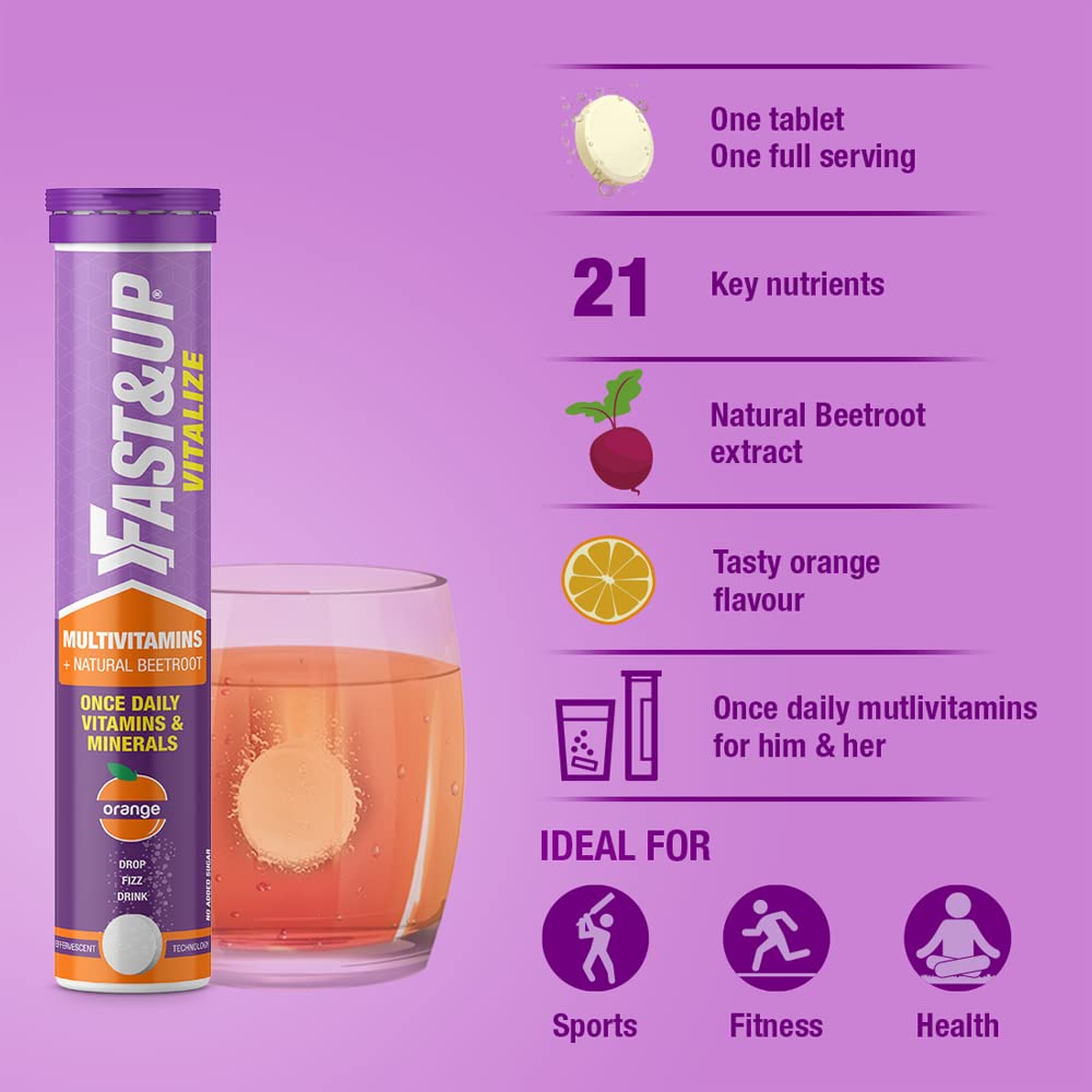 Fast&Up Daily Multivitamins (20-Day Pack, Tasty Orange Flavor) 21 Fast-Acting Vitamins & Minerals, with Vit C, D, and Iron for Immunity, Energy & Heart Health | Suitable for both, Men & Women