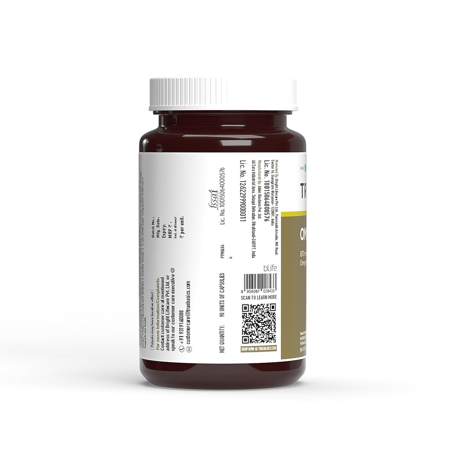 TrueBasics Omega-3,6,9 (90 Capsules) | 870mg of Vegetarian Omega Fatty Acids | With Clinically Researched Ingredient | For Healthy Heart, Hair, Skin, Joints, Brain, & Eyes, 190 grams