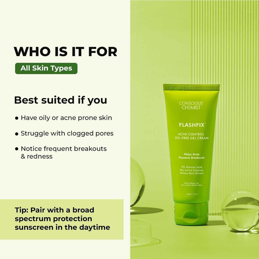 Conscious ChemistÂ® 2% Salicylic Acid Cream | 50g | Acne Spot Corrector | Moisturizer for Oily Acne Prone Skin, Face Cream for Men & Women, Overnight Acne & Oil Control, Itchiness & Redness, Non greasy Gel Cream - Flashfix