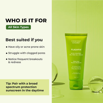 Conscious ChemistÂ® 2% Salicylic Acid Cream | 50g | Acne Spot Corrector | Moisturizer for Oily Acne Prone Skin, Face Cream for Men & Women, Overnight Acne & Oil Control, Itchiness & Redness, Non greasy Gel Cream - Flashfix
