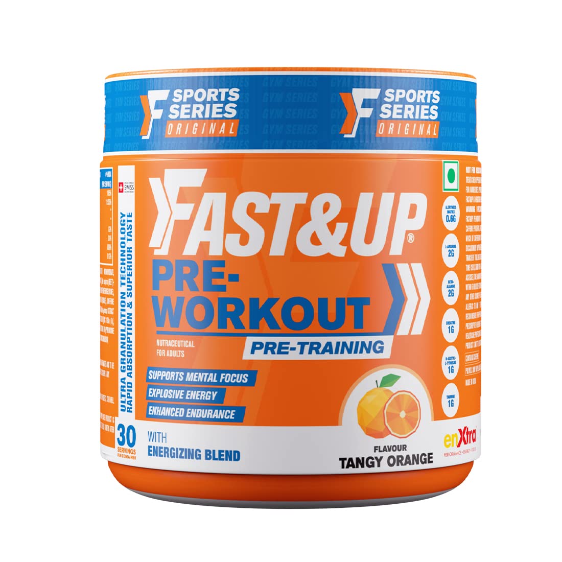 FAST&UP Pre-Workout(300 Gms,30 Servings,Orange Flavour) Powder -Supports Muscle Endurance, Pump, Energy & Mental Focus With Arginine, B-Alanine, Caffeine, Taurine, Vitamins, Minerals And Electrolytes