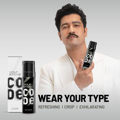 WILD STONE CODE Chrome Long Lasting No Gas Body Perfume For Men, 150Ml - Chrome, Spray