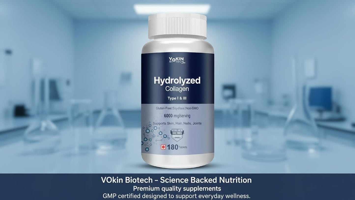 Vokin Biotech Hydrolyzed Collagen Peptides 6000 Mg With Type 1 & 3 Supports Skin,Hair,Nails & Joints (180 Capsule),1 Count
