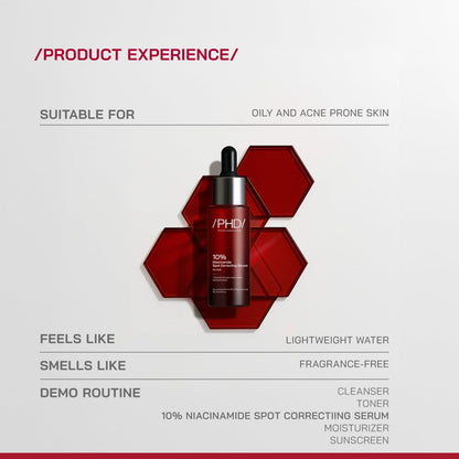 /PHD/ 10% Niacinamide Spot Correcting Serum | Niacinamide Serum for Oily Skin, Acne Scars & Enlarged Pores | Face Serum for Acne Prone Skin with 2% NAG | Brightens & Smoothens Skin | Fades Marks, Controls Oil, Removes Blemishes & Pore Care I 30ml