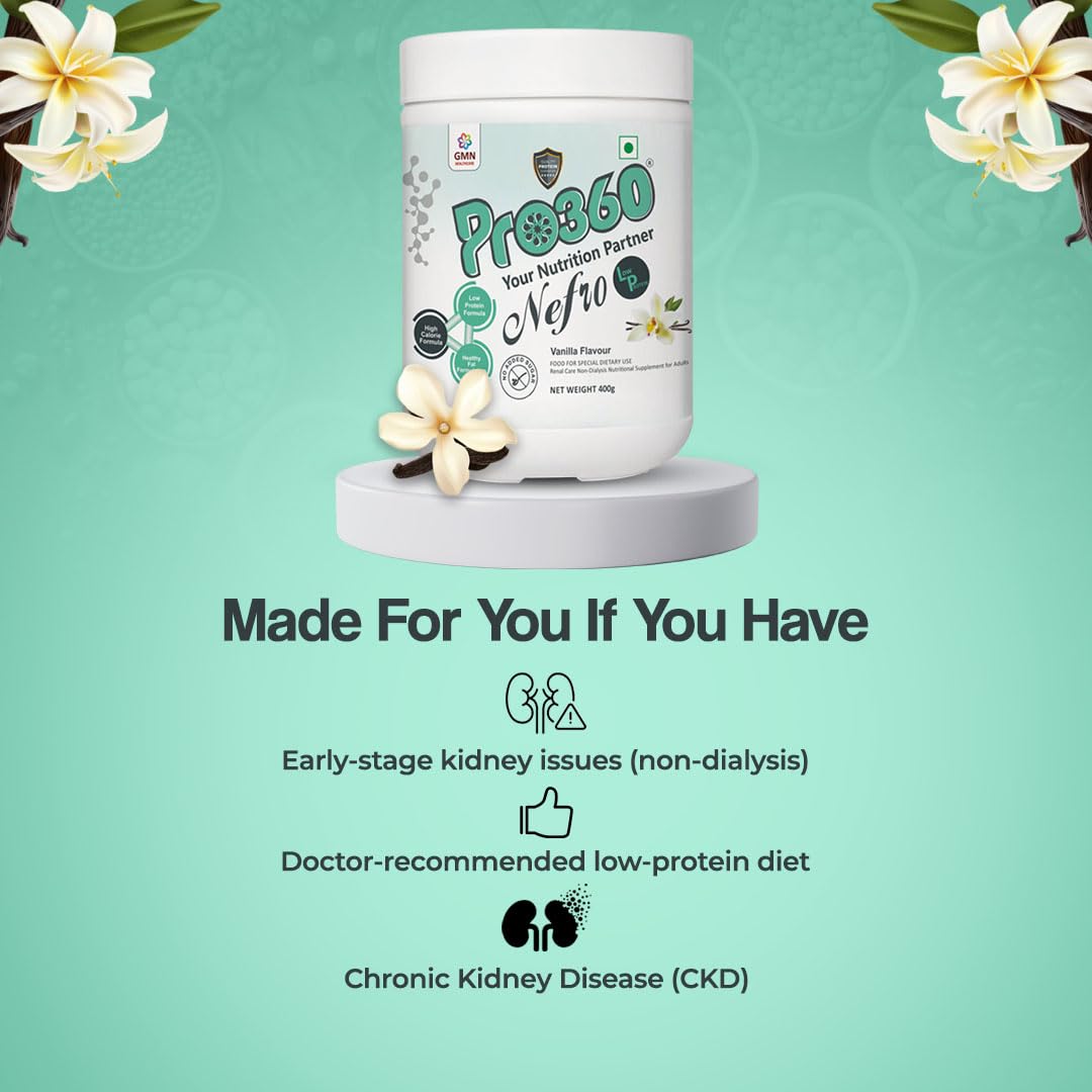 Pro360 Nefro LP Powder Vanilla Flavour â€“ 400g Low Protein Nutrition Supplement for Kidney Health (Non-Dialysis) â€“ Vanilla Protein Powder Enriched with L-Taurine, L-Carnitine & Essential Nutrients