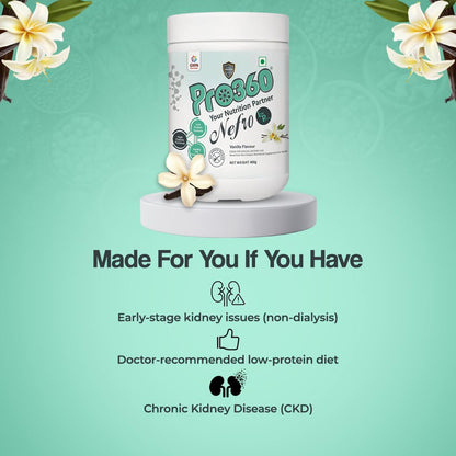 Pro360 Nefro LP Powder Vanilla Flavour â€“ 400g Low Protein Nutrition Supplement for Kidney Health (Non-Dialysis) â€“ Vanilla Protein Powder Enriched with L-Taurine, L-Carnitine & Essential Nutrients