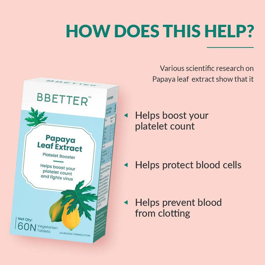 BBETTER Papaya Leaf For Boosting Platelet Count | Papaya Leaf Extract Enriched With Tinospora Cardifolia Extract, Vitamin E Powder And Iron To Help Boost Platelet Count (60 Veg Tablets)