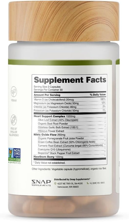 Snap Supplements Heart Health Support Supplement - Botanical Support for Heart Health, Healthy Circulation, and Nitric Oxide Levels, 30-Day Supply, 90 Capsules (Packaging May Vary)
