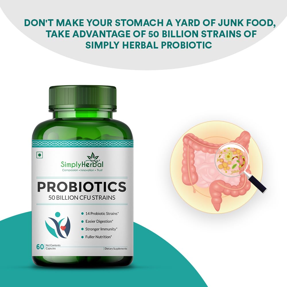 Simply Herbal Probiotics 50 Billion CFU - 14 Strains | Gut Health, Digestion, Immunity & Metabolism Support | 60 Capsules
