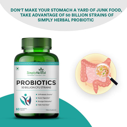 Simply Herbal Probiotics 50 Billion CFU - 14 Strains | Gut Health, Digestion, Immunity & Metabolism Support | 60 Capsules