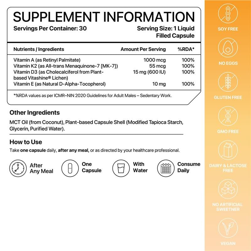 Decode Age DAKE 600 IU | Vitamin D3 K2 Supplement with Vitamins E & A in MCT Oil for Bone, Immune, Heart and Vision Support | Vegan Capsules | 1 Month Supply