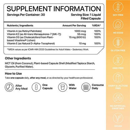 Decode Age DAKE 600 IU | Vitamin D3 K2 Supplement with Vitamins E & A in MCT Oil for Bone, Immune, Heart and Vision Support | Vegan Capsules | 1 Month Supply
