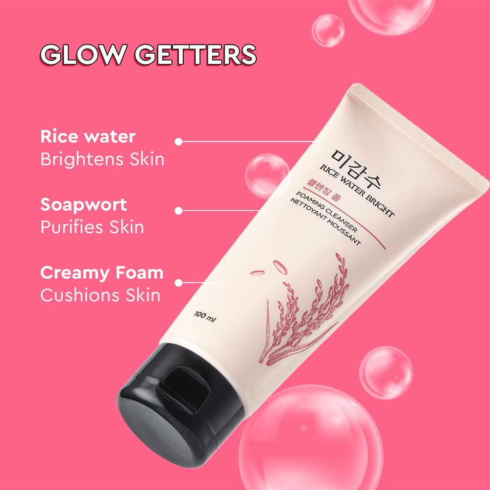 The Face Shop Rice Water Bright Foaming Face Wash 100ml | Face Wash for Glowing Skin | Cleanser for Uneven Skin Tone | Korean Skin Care, For Oily skin