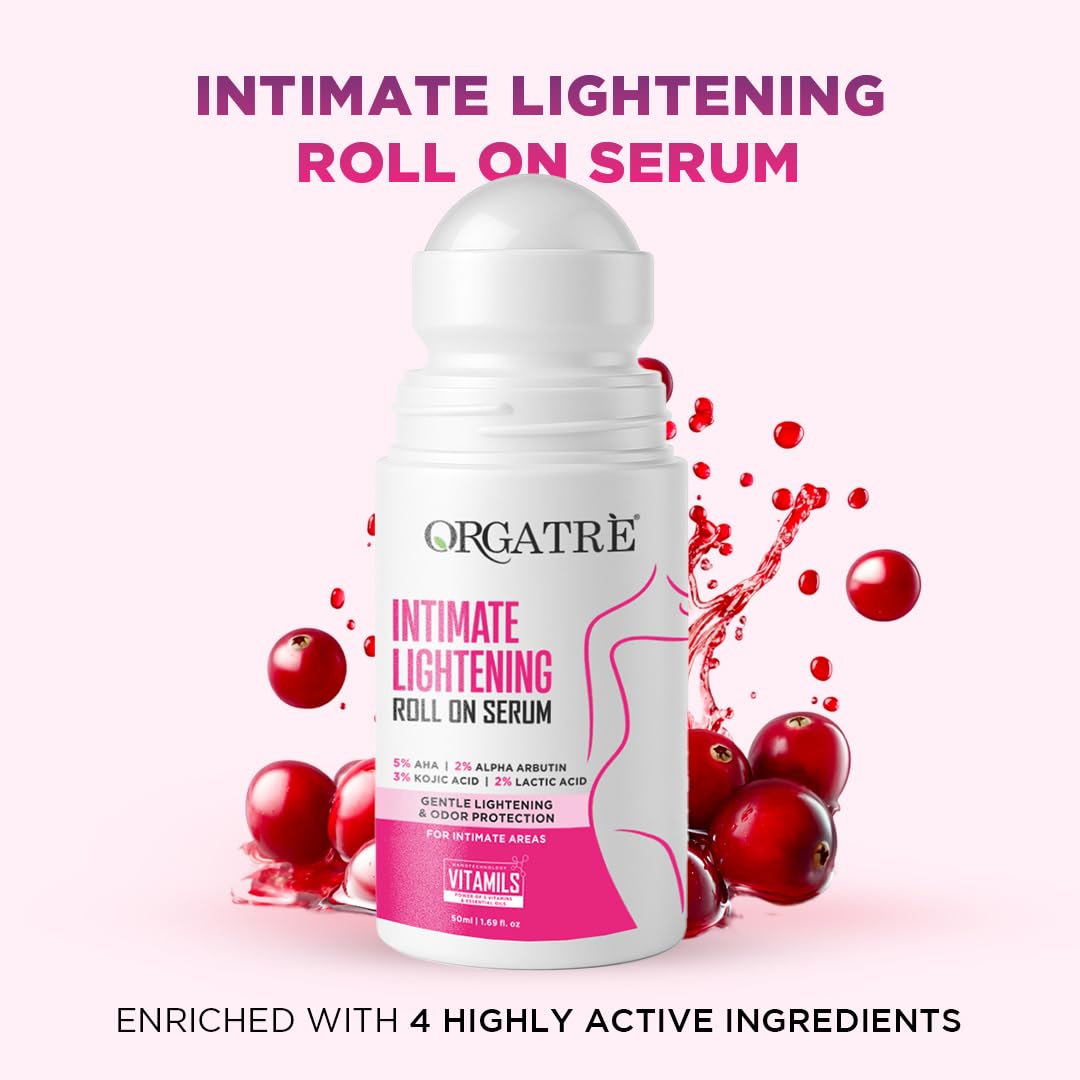 Orgatre Intimate Brightening Roll-On Serum | 5% AHA + 2% Alpha Arbutin 3% Kojic Acid | For Inner Thighs, Knees & Bikini Area | Intimate Areas for Women & Men 50ml