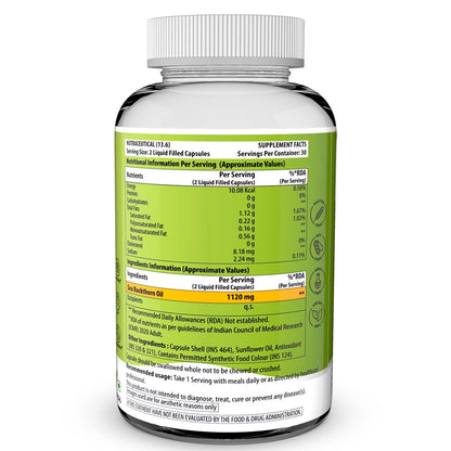 NATURYZ Himalayan Sea Buckthorn Berry Oil Triple Strength 1120mg | Cold-Pressed Vegetarian Omega 7 + Omega 3-6-9 | Skin Glow, Immunity & Gut Health Supplement | High Absorption | Non-GMOâ€“ 60 Liquid Fill Capsules