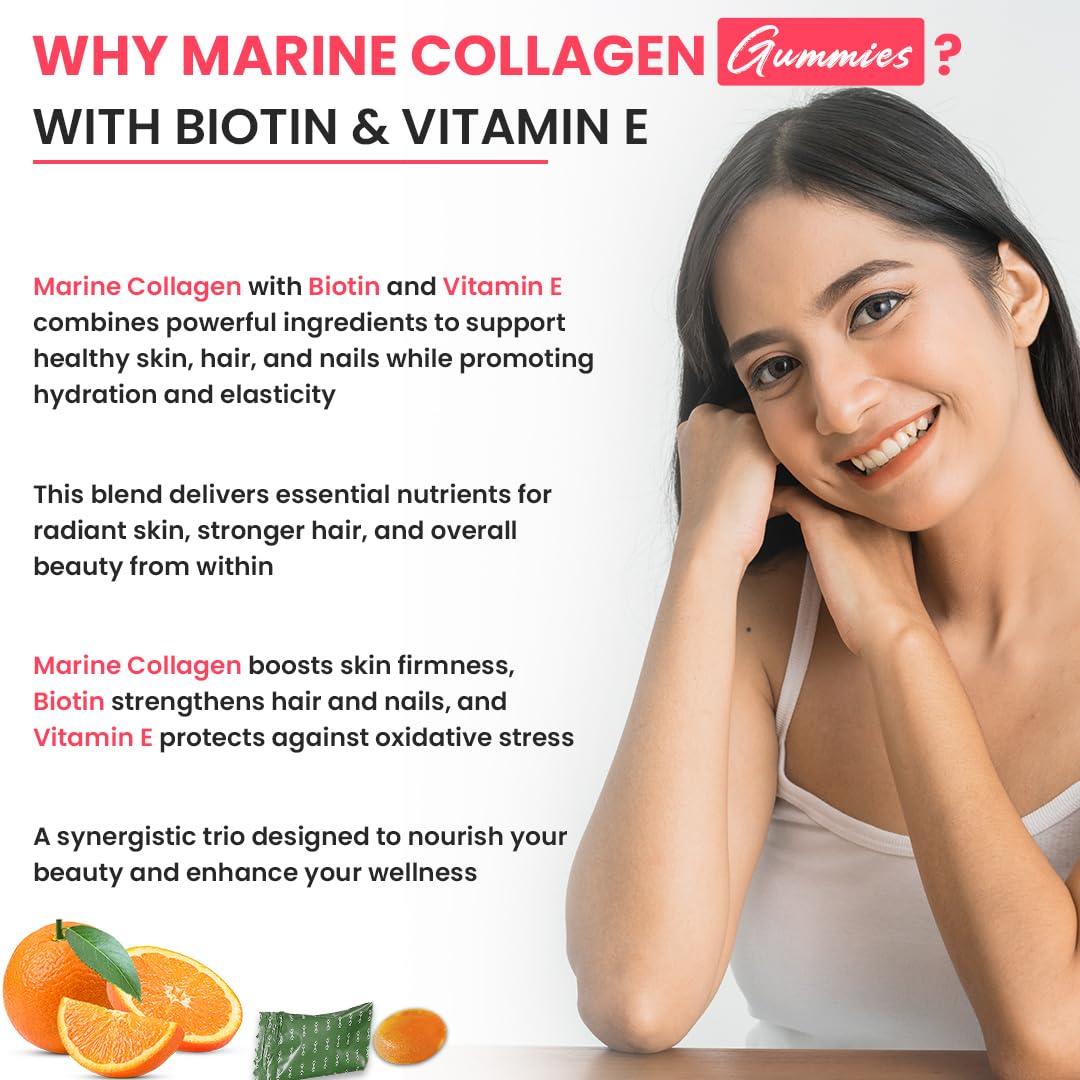 Naturyz Marine Collagen Gummies for Skin Health with Hyaluronic Acid, Vitamin C, Vitamin E & Biotin | Supports Skin Elasticity, Hydration & Glow | Easy-to-Absorb Collagen Gummy | No Added Sugar, Delicious Taste- 10 count (Orange Flavor)