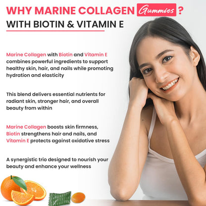 Naturyz Marine Collagen Gummies for Skin Health with Hyaluronic Acid, Vitamin C, Vitamin E & Biotin | Supports Skin Elasticity, Hydration & Glow | Easy-to-Absorb Collagen Gummy | No Added Sugar, Delicious Taste- 10 count (Orange Flavor)
