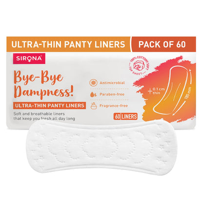 Sirona Daily Use Panty Liners for Women with Aloe Vera - (Pack of 60) | Cottony Soft Pantyliners Pad with Antimicrobial Properties | Ultra Thin & Better Stickiness