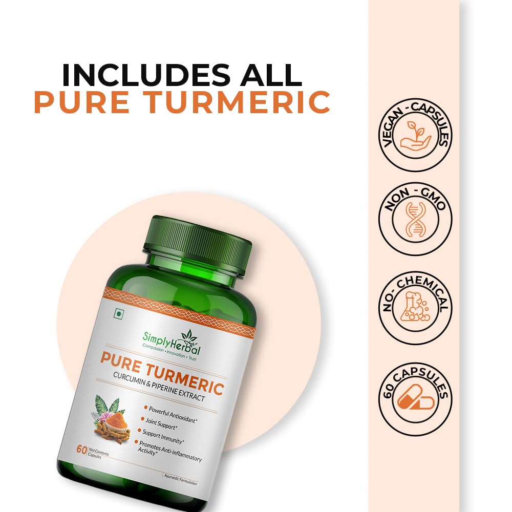 Simply Herbal 800 MG Turmeric Curcumin & Piperine Extract Capsules for Immunity | Immunity Boosters Capsule for Adults | Good for Skin & Joint Pains | Natural and Pure Curcuminoids Capsule, Pack of 1