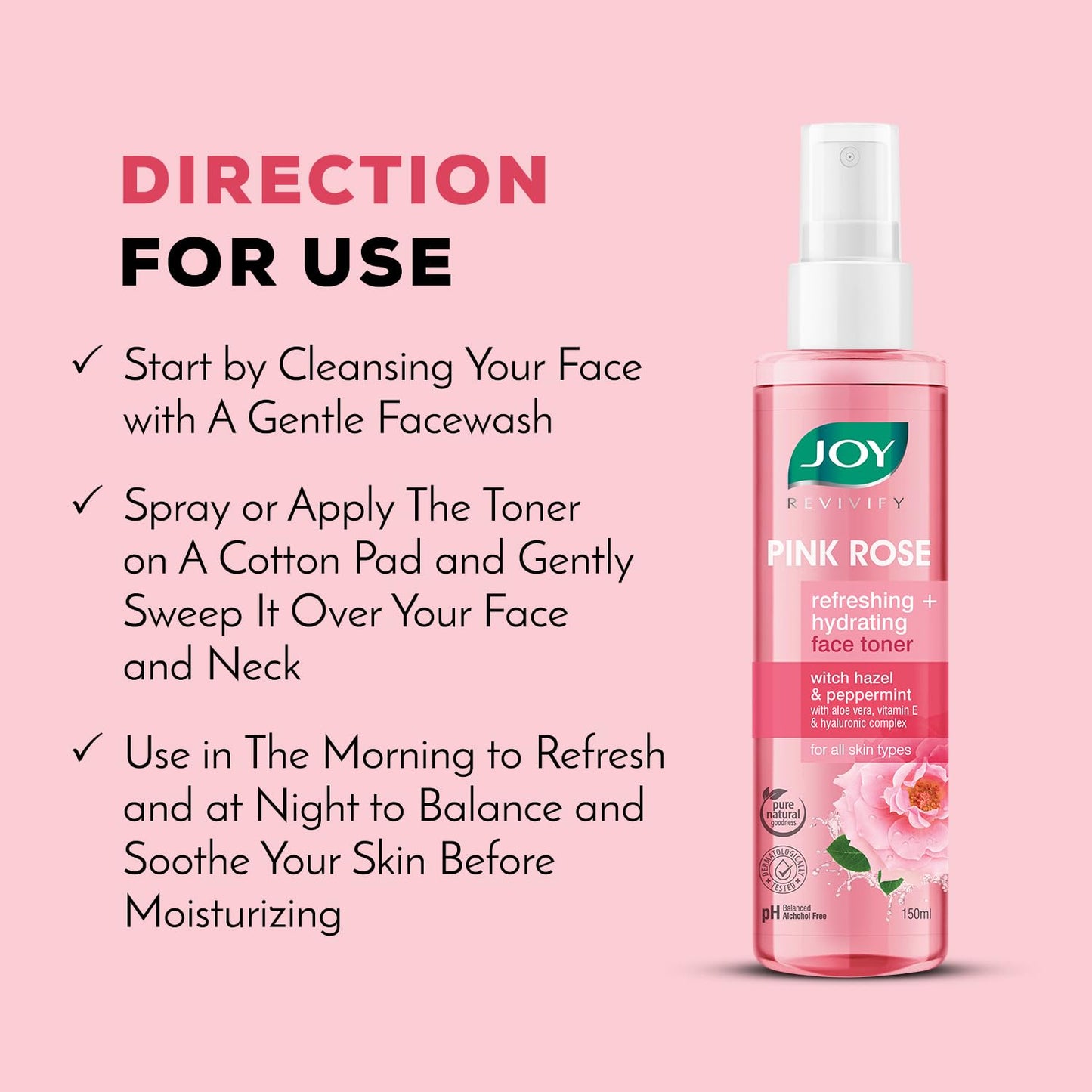 Joy Pink Rose Water Toner with Vitamin E, Hyaluronic Acid & Aloe Vera for Hydrating & Refreshing Skin (150ml) | Alcohol Free Toner with Natural Rose Aroma | Get Glowing Skin for All Skin Types