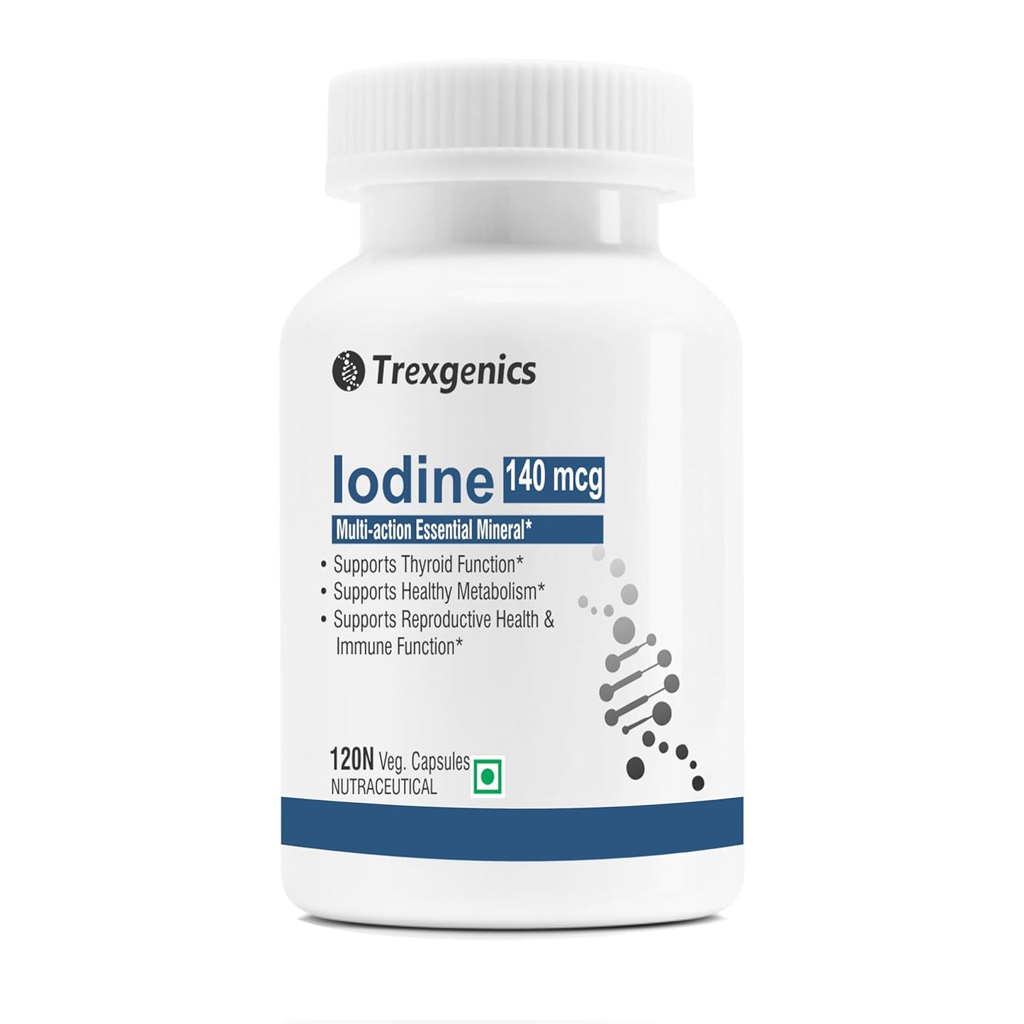Trexgenics Iodine 140 mcg from Potassium Iodide Multi-Action Mineral for Thyroid Function, Metabolism, Immunity (120 Veg. Capsules)