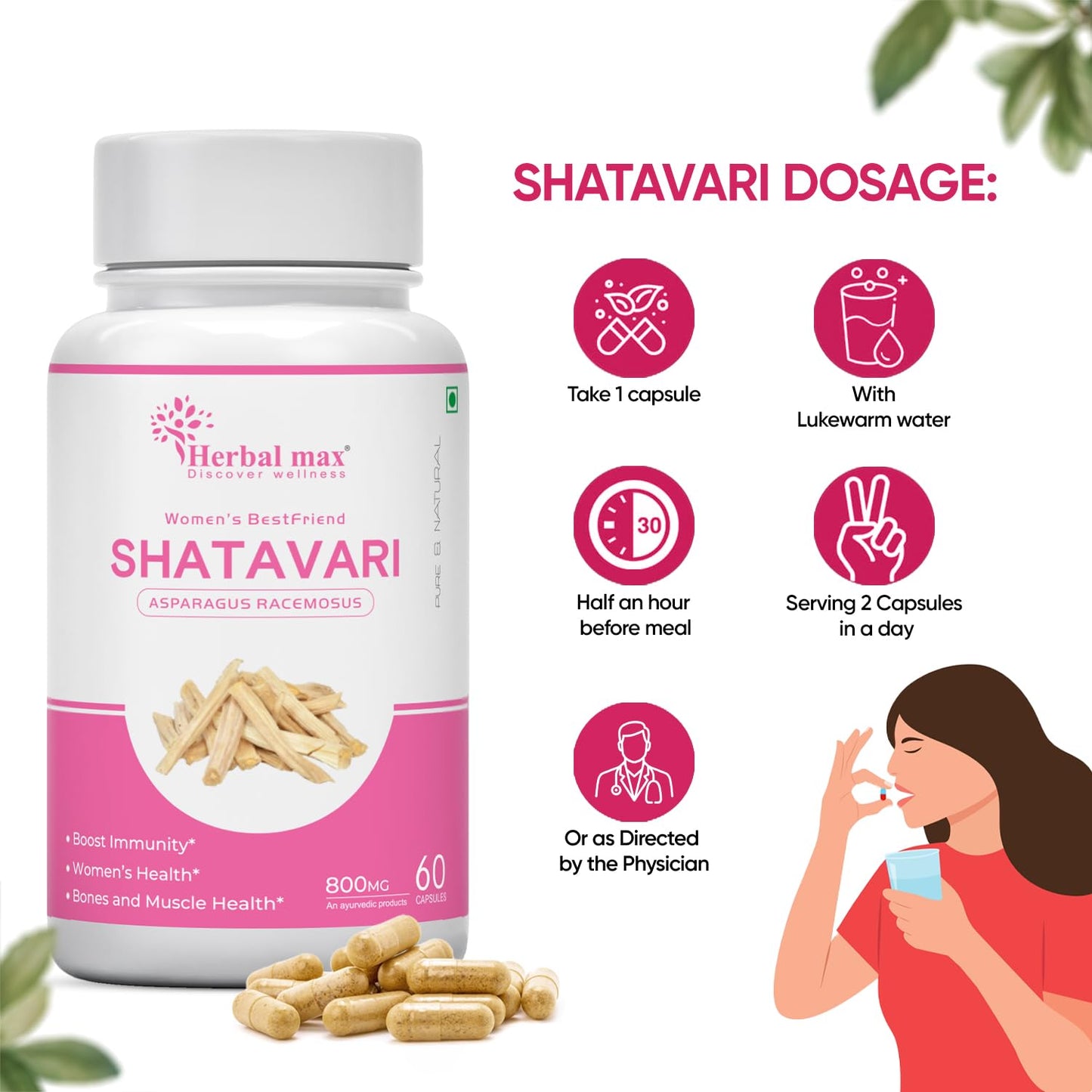 Herbalmax Organic Shatavari 400mg | Hormonal Balance & Womenâ€™s Health Supplement | Supports Lactation, Immunity, Bone & Muscle Strength, Rich in Antioxidants â€“ 60 Veg Capsules