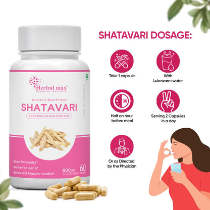 Herbalmax Organic Shatavari 400mg | Hormonal Balance & Womenâ€™s Health Supplement | Supports Lactation, Immunity, Bone & Muscle Strength, Rich in Antioxidants â€“ 60 Veg Capsules