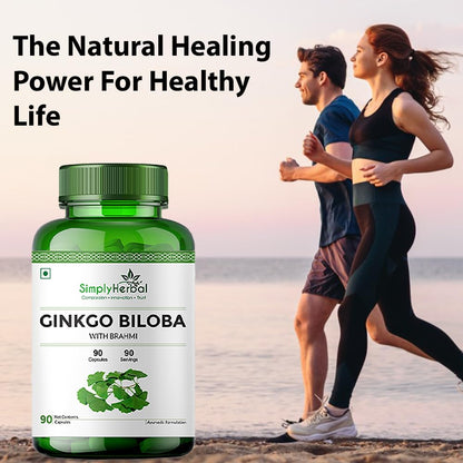 Simply Herbal Ginkgo Biloba 120mg With Bacopa Monnieri Extract Brahmi 380mg for Better Concentration, Improves Blood Circulation, Enhance Alertness, Memory & Learning, 90 Capsules