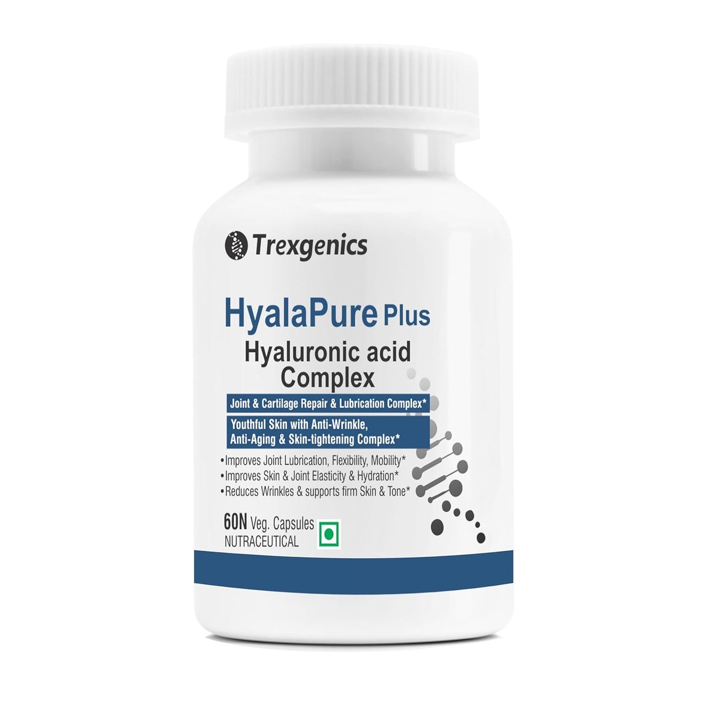 Trexgenics HYALAPURE PLUS Advanced Joint Lubrication & Skin Care Complex with HYALURONIC ACID 50mg, Methylsulfonylmethane (MSM) 500mg, European Rosehip extract 35% Polyphenols 100mg & Vitamin C (60 Veg. Capsules)