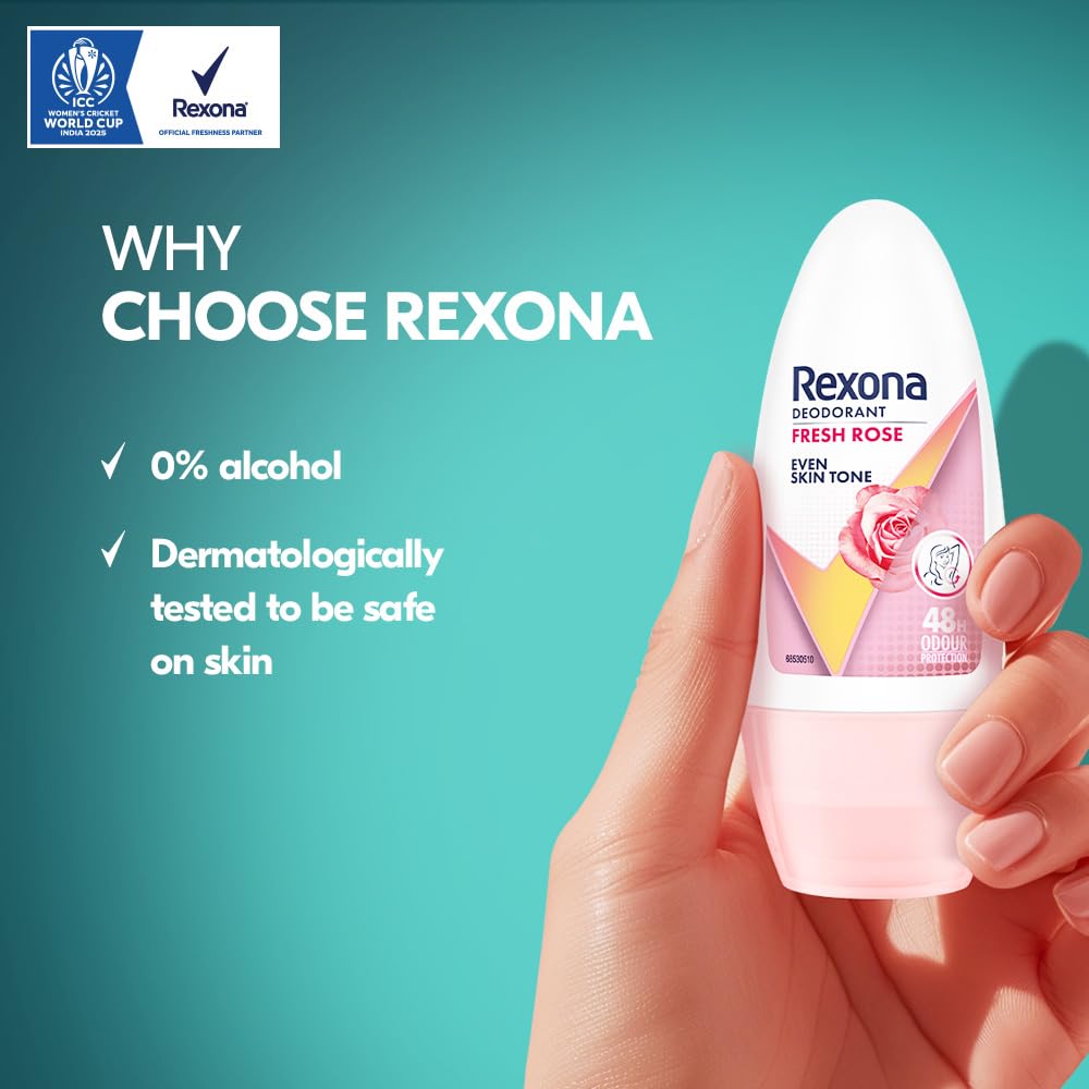 Rexona Fresh Rose Underarm Roll On Deodorant For Women, Antiperspirant With Glycerine, Removes Odour, Keeps Skin Fresh & Clean, Alcohol Free, 50 ml