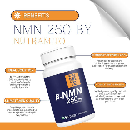 NMN Supplement | 60 Veg Capsules | 250mg Beta NMN | NAD+ Booster | 99% Pure for Energy, Strength & Focus, Healthy Aging