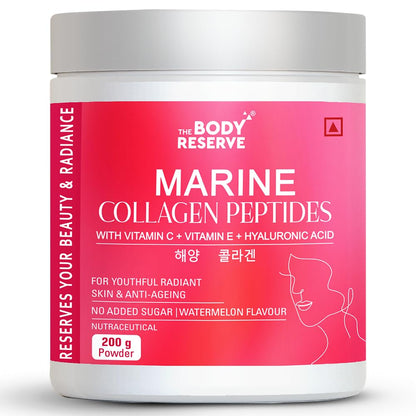The Body Reserve Marine Collagen Peptides (Watermelon, 200g) | With Vitamin C, Vitamin E, Sodium Hyaluronate & Biotin | Supplement for Healthy Skin, Hair & Nails | Hydrolyzed Fish Powder for Women & Men