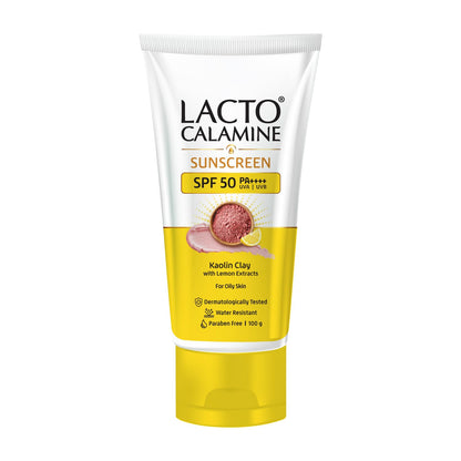 Lacto Calamine Sunscreen SPF 50 | 100g | PA ++++ Sunscreen For Oily Skin | UVA â€“ UVB | Water Resistant & No White Cast | With Kaolin Clay, Vitamin E & Lemon Extracts | Paraben Free