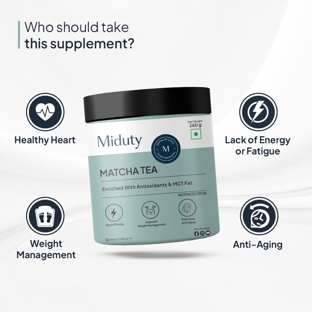 Miduty by Palak Notes Matcha Tea - Detoxifying Drink, Fat Burner - Energy Booster, Weight Management - Promote Anti Aging & Gut Health, MCT Fat - L-Theanine With Coconut Milk - Vanilla flavour - 260g