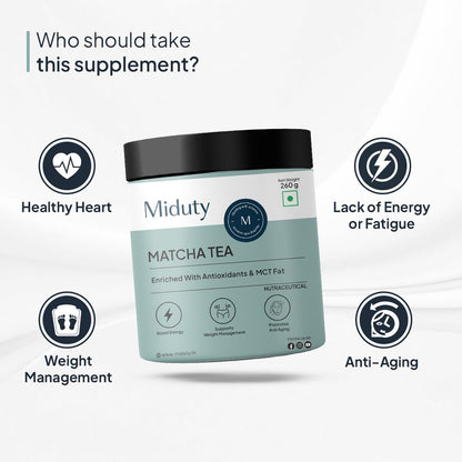 Miduty by Palak Notes Matcha Tea - Detoxifying Drink, Fat Burner - Energy Booster, Weight Management - Promote Anti Aging & Gut Health, MCT Fat - L-Theanine With Coconut Milk - Vanilla flavour - 260g